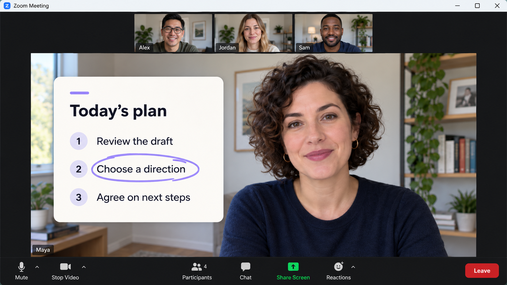 Illustrated Zoom meeting on Windows showing a presenter beside a Today's plan card, with Choose a direction circled in lavender.